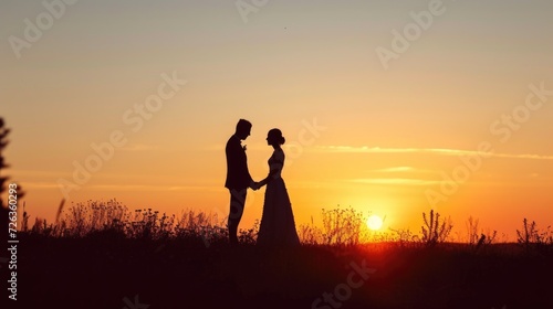 Silhouette of a couple against the backdrop of sunset. Romantic scene of lovers. Wedding concept