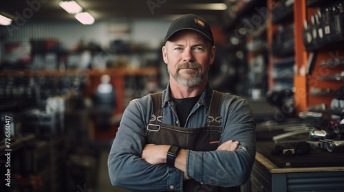 A commanding portrait unfolds as the owner of a truck repair shop stands confidently  arms crossed  and gazes directly at the camera. 