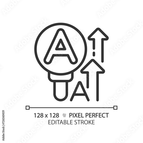 Large print for visually impaired linear icon. Magnifying aid. Physiotherapy treatment. Injury recovery. Thin line illustration. Contour symbol. Vector outline drawing. Editable stroke
