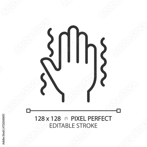 Parkinsons disease linear icon. Central nervous system disorder. Hand tremor. Synapses illness, special needs. Thin line illustration. Contour symbol. Vector outline drawing. Editable stroke