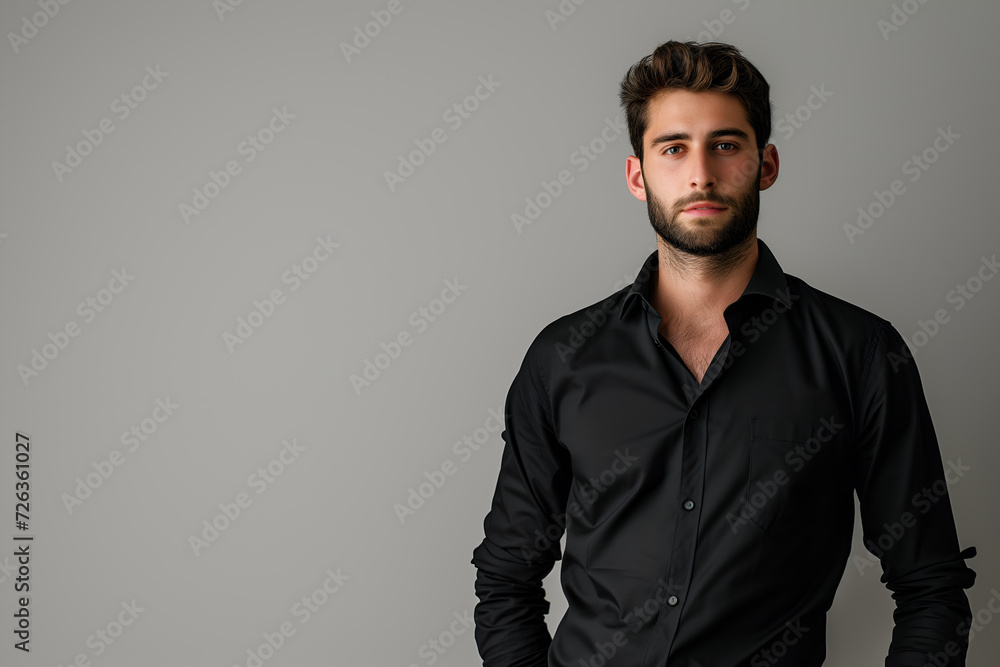 Obraz premium Beautiful man model in black shirt on gray background