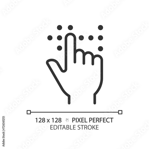 Braille fingertouch language linear icon. Vision loss special needs. Lifelong healthcare, lifestyle medicine. Thin line illustration. Contour symbol. Vector outline drawing. Editable stroke