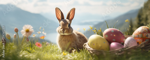 Easter Bunny Rabbit Eggs Hunt Basket Concept photo
