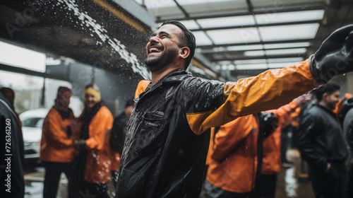workers at a car wash express the joy .The setting is vibrant, with water droplets in the air and a sense of teamwork,  © Sadia