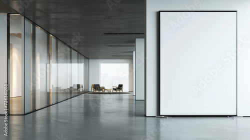 Spacious and bright modern office interior with a large blank billboard ready for advertising, featuring floor-to-ceiling windows and city views.
