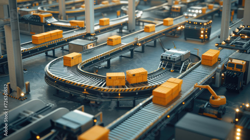 Streamlined automated conveyor belts efficiently transporting packages within a large distribution warehouse with high shelves.