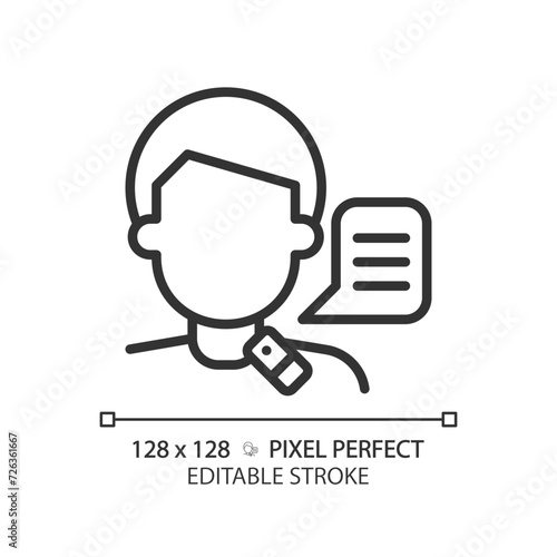 Larynx speech linear icon. Lifestyle special needs medicine. Speech physiotherapy treatment. Lifelong medical condition. Thin line illustration. Contour symbol. Vector outline drawing. Editable stroke