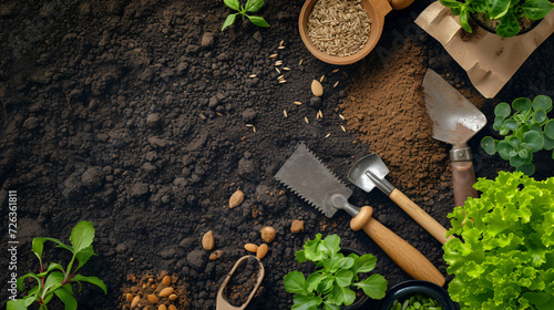 A serene flat lay of a gardening project with tools seeds and soil. photo