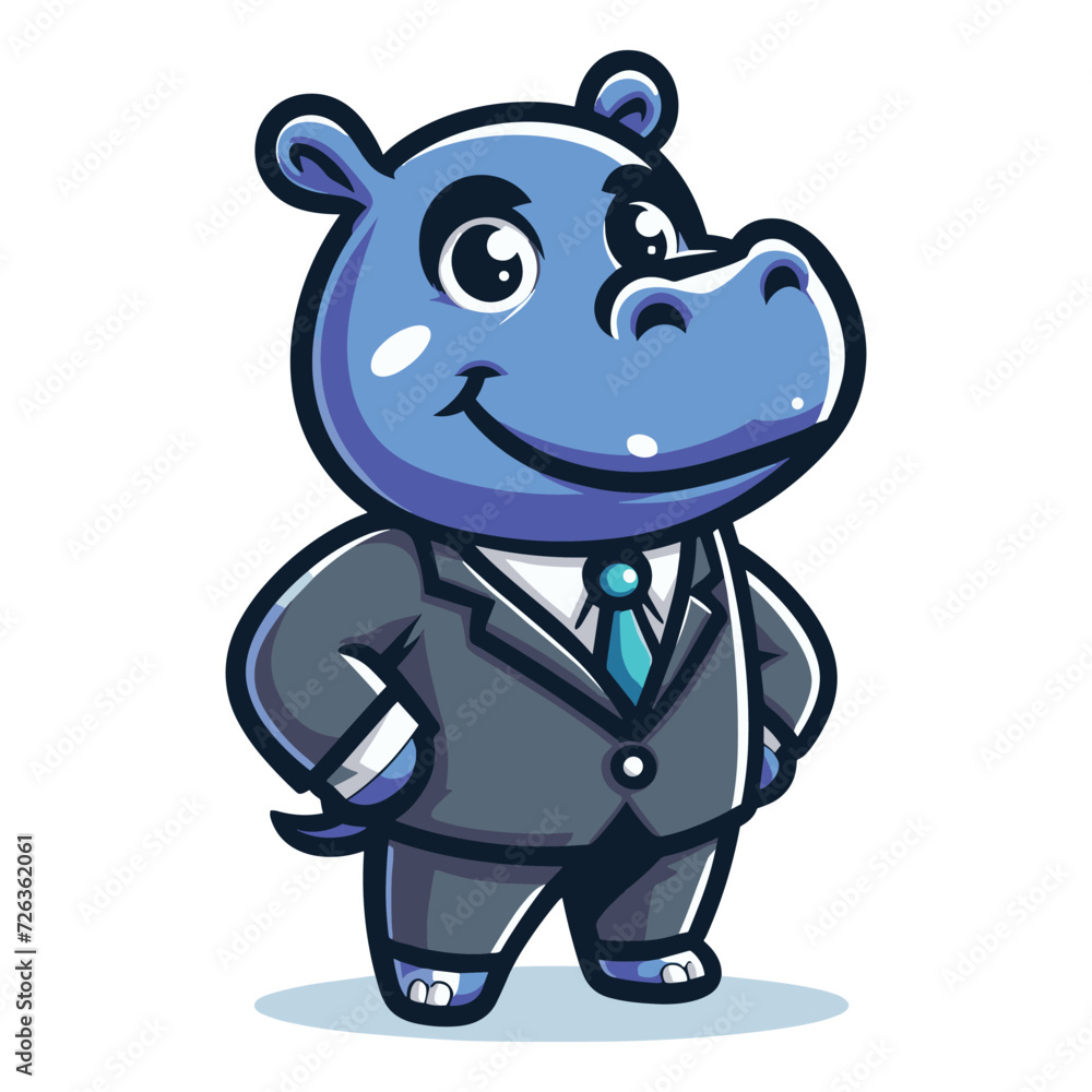 Cute adorable hippopotamus with suit dress cartoon mascot character vector illustration, hippo flat design template isolated on white background Cute adorable hippopotamus with suit dress cartoon mascot character vector illustration, hippo flat design template isolated on white background