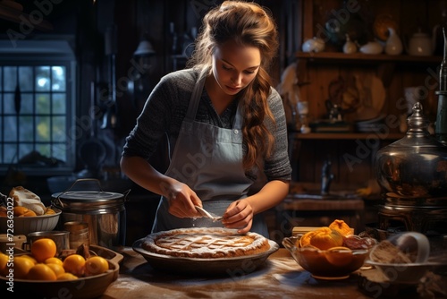 charming young woman in chef's apron preparing pie at home in the kitchen Cozy home interior to day casual lifestyle real life homey homelike environment holiday village candles