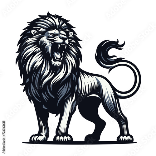 Wild roaring lion full body vector illustration, zoology illustration, majestic predator safari animal big cat design template isolated on white background