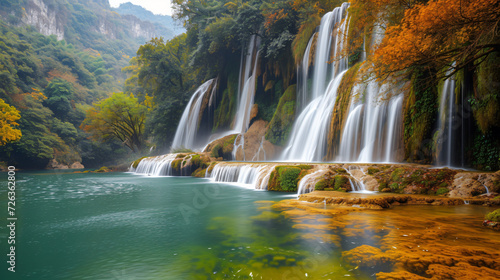 A series of cascading waterfalls creating natural terraces in a mountainous region.