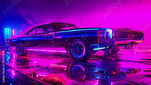 A fierce muscle car covered in neon rainbow stripes and underglow showcasing its owners vibrant personality. photo