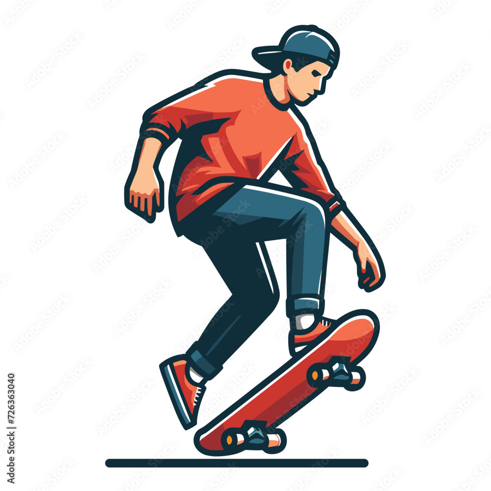 Man playing skateboard vector illustration, skateboarding sport game male player in action flat design style template isolated on white background Man playing skateboard vector illustration, skateboarding sport game male player in action flat design style template isolated on white background