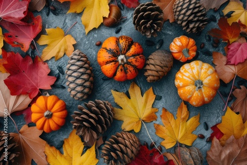 A festive Thanksgiving themed flat lay featuring autumn leaves  pinecones  and decorative pumpkins