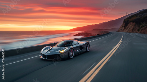 A sleek sports car speeding along a coastal highway at sunset.