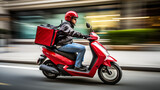 
A dynamic scene unfolds as a food delivery moto scooter driver, with a red backpack behind his back, speeds on his way to deliver food,