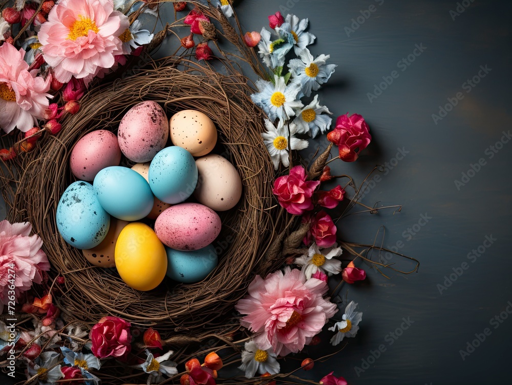 Bird nest with easter eggs and flowers. Top view with copy space. Small nest with eggs on wood. Bird nest with easter eggs and flowers. Top view with copy space. Small nest with eggs on wood.