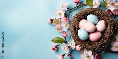 Easter eggs in nest on blue background. Easter background with eggs and spring flowers. Top view with copy space. © Marina