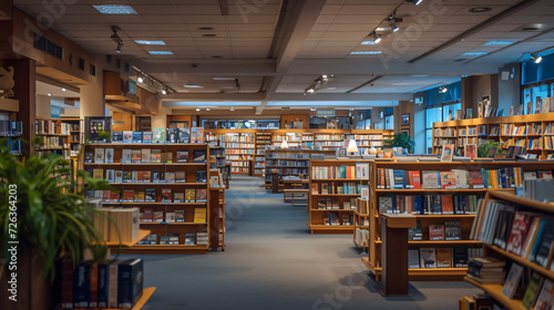 A spacious well-lit bookstore with rows of books and comfortable reading areas.