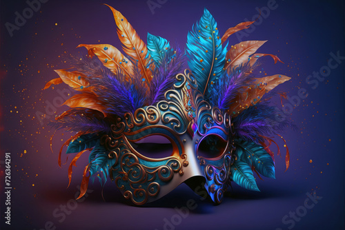 Carnival Venetian mask with colorful feathers on gradient background. party and disguise concept