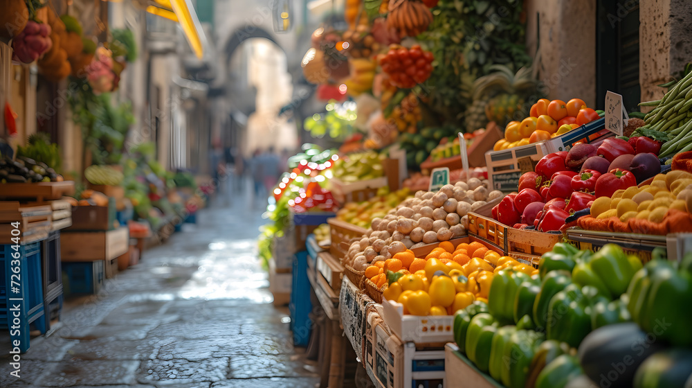 A colorful local market, with fresh produce stalls as the background, during a bustling summer morning in Sicily