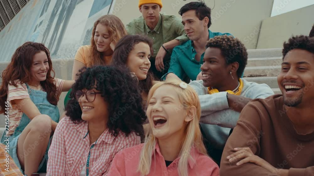 Multiethnic group of teenagers hanging out in the city center. Concepts about campus university students, friendship, and generation z Multiethnic group of teenagers hanging out in the city center. Concepts about campus university students, friendship, and generation z