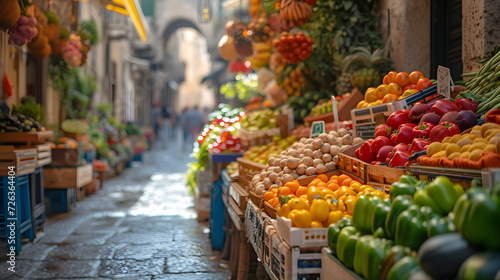 A colorful local market, with fresh produce stalls as the background, during a bustling summer morning in Sicily