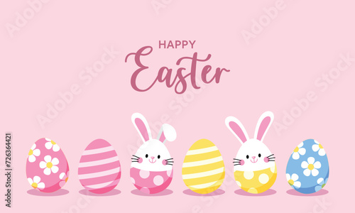 Happy easter banner, poster, greeting card. Bunny, rabbit, eggs in modern minimal style. Cute cartoon design for holiday, spring, seasonal decoration.Vector illustration EPS.