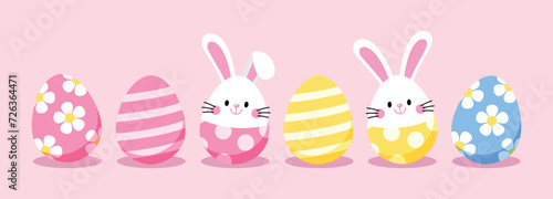Easter eggs patterns and white rabbit, bunny. Cute colorful cartoon design for holidays decoration, greeting card, poster, banner.Vector illustration EPS.