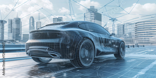 Wireframe Car Concept on Urban Road with Futuristic Cityscape