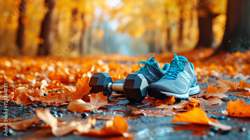 Autumn Fitness Outdoor Concept: Sneaker, Dumbbell, and Fallen Leaves on a Path photo