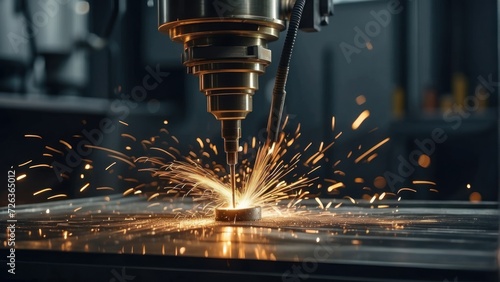 Industrial CNC milling machine cutting metal with sparks in factory. generative, ai.