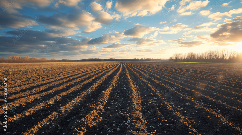 Plowed Agricultural Field at Sunset with Cloudy Sky and Horizon - obrazy, fototapety, plakaty 