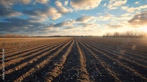 Plowed Agricultural Field at Sunset with Cloudy Sky and Horizon photo