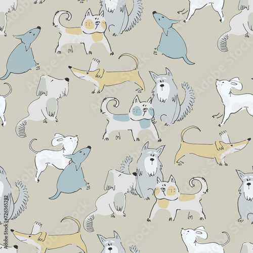 Seamless pattern with funny dogs playing. Perfect for kids. Bone, ball and terrier doodles on blue background