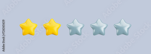 Vector 3d two star rating icon. Two stars out of five. Realistic cartoon 3d render bad customer rating and negative feedback concept, low level. Cute glossy yellow stars for web, mobile, ui, game, app