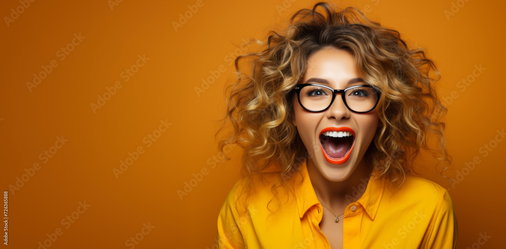 A young woman on a yellow background with space for text, overjoyed by information or an attractive offer, laughs at the viewer. A young woman on a yellow background with space for text, overjoyed by information or an attractive offer, laughs at the viewer.