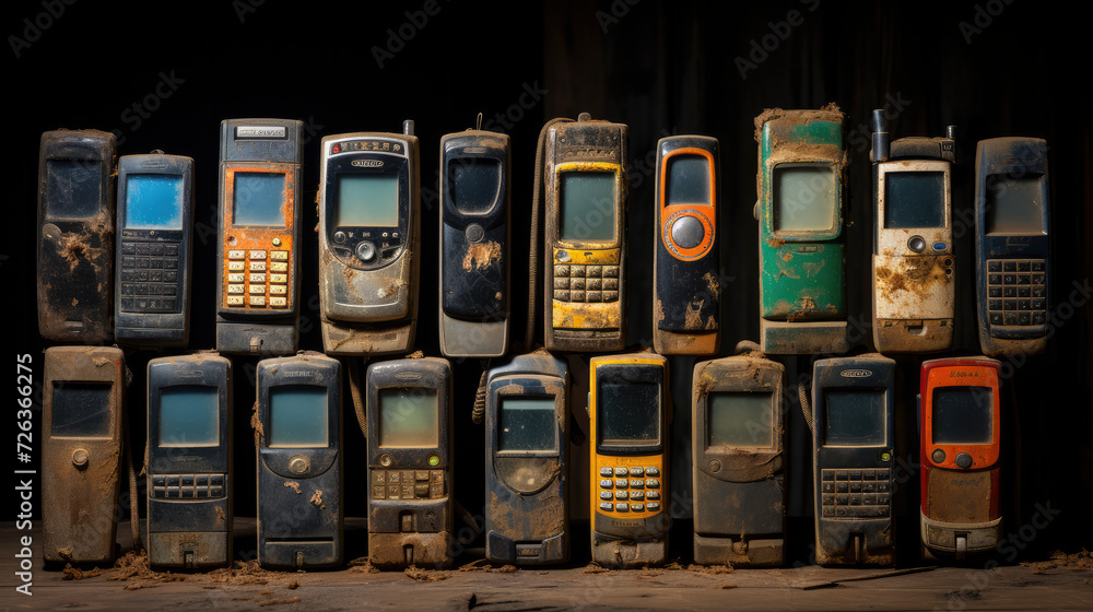 Row of old mobile phones from the past - obrazy, fototapety, plakaty 