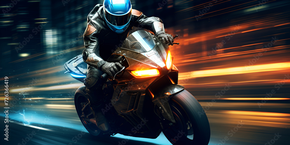 Motorcycle on the road, A person on a motorcycle with a neon light on it, 

