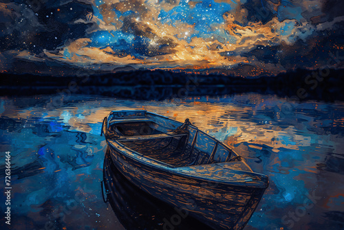 Starry Night Sky and Reflective Lake with Solitary Boat Digital Art © ABDULRAHMAN