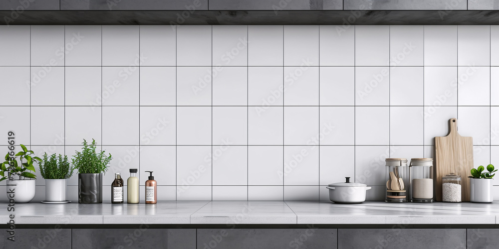 Modern Kitchen Countertop with Ceramic Tiles, Herb Plants, and Cooking Utensils - obrazy, fototapety, plakaty 