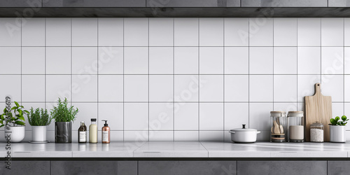 Modern Kitchen Countertop with Ceramic Tiles, Herb Plants, and Cooking Utensils photo
