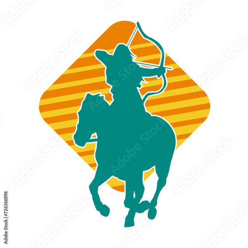 Silhouette of an ancient cavalry soldier aiming with archery weapon. Silhouette of an archer on his running horse.