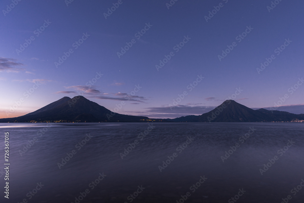 Atitlan Lake in Guatemala. Long Exposure. Volcano in Background. Morning Light.