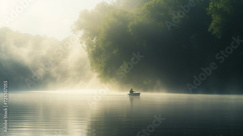 A tranquil morning of fishing on a misty river. #726367055