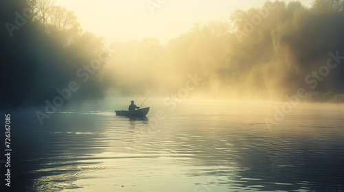 A tranquil morning of fishing on a misty river.