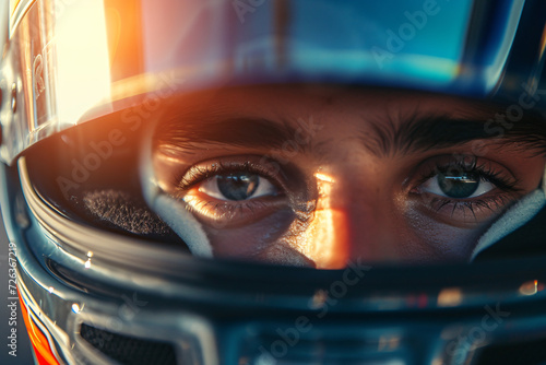 Close-up portrait of a man in a helmet of a racer © mihail