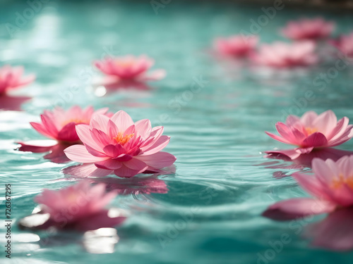 Water background with pink lily. Pink aqua texture, shadows and sunlight. Spa and beauty salon concept