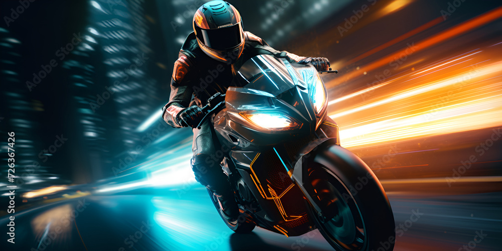 person riding a motorcycle, Motorbike biker rider on sport future motorcycle in motion move. 